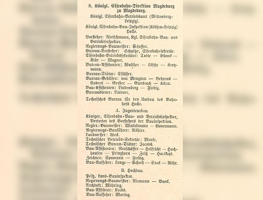 Auszug aus Adressbuch Halle 1890 Bauinspektion Technisches Büro
