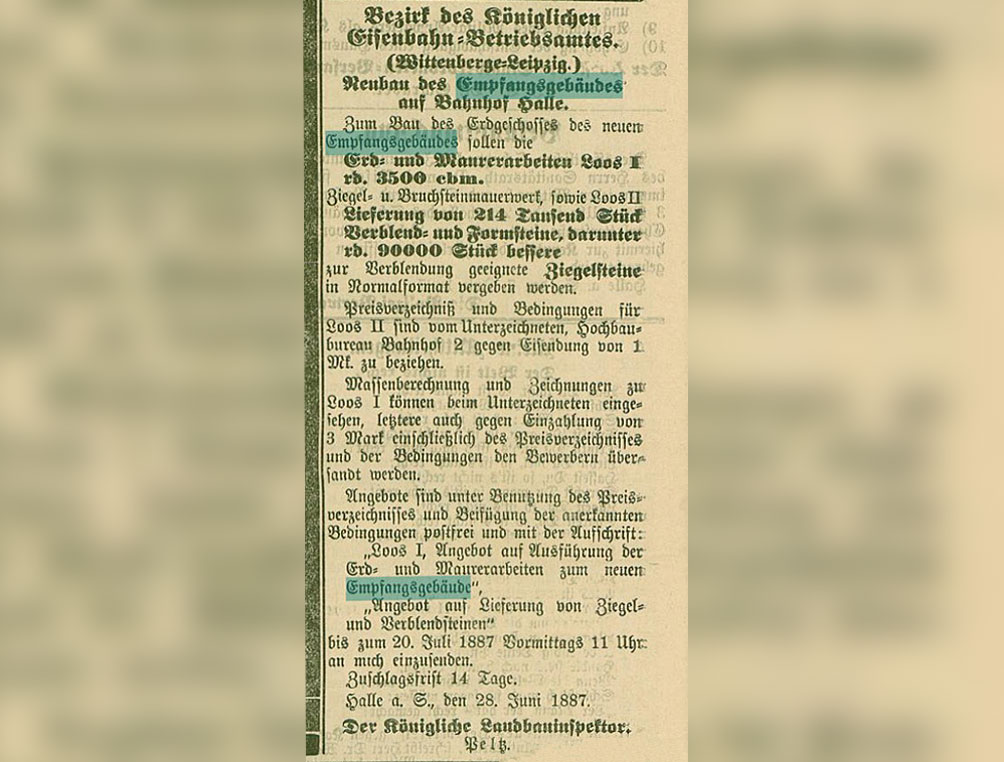 Artikel aus Hall. Tageblatt 09. 07. 1887 Ausschreibung Maurerarbeiten