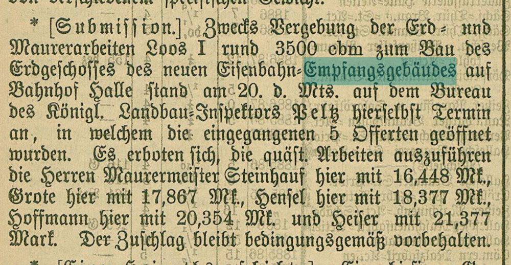 Artikel aus Hall. Tageblatt 23. 07. 1887 Submission Maurerarbeiten