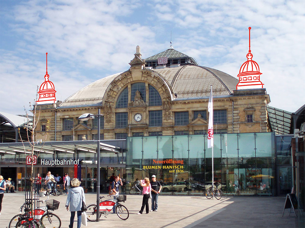 Bahnhof Halle mit Zeichnung der Flankentürme